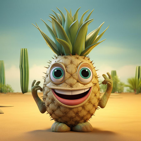 a cheerful yucca cartoon character beams brightly, its vibrant green skin adorned with playful spots. its rosy cheeks and wide smile radiate warmth and joy. ai generatedの素材