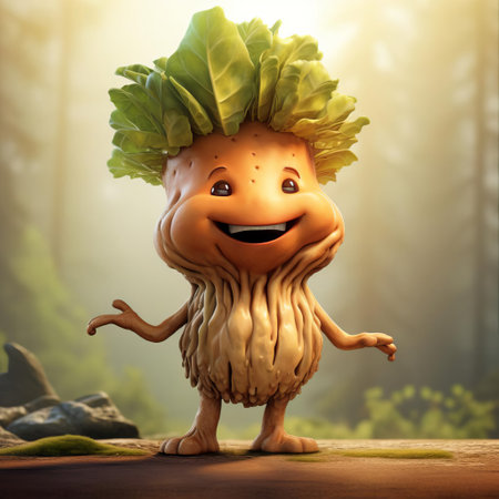 a cheerful sunchoke cartoon character beaming with delight, its bright yellow petals adorned with playful shadows, features rosy cheeks and a welcoming smile. ai generatedの素材