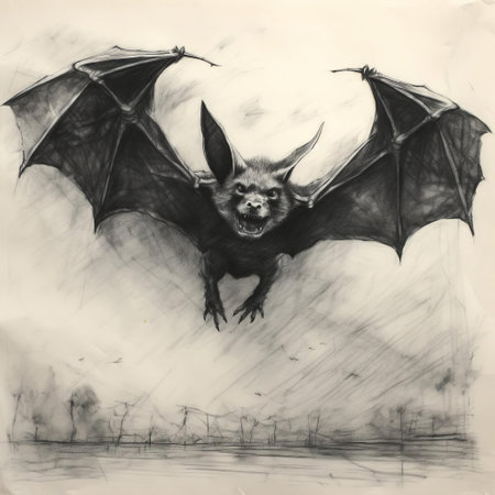 a captivating bat depicted in a rough pencil sketch, showcasing intricate scribbles and bold lines that capture the creature's enigmatic silhouette against a shadowy background. ai generatedの素材