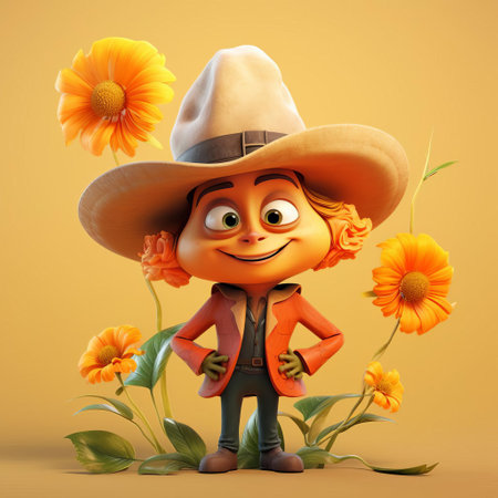 a cheerful cartoon squash blossom smiles brightly, its bright orange petals adorned with playful patterns, and rosy cheeks add a touch of warmth to its face. ai generatedの素材