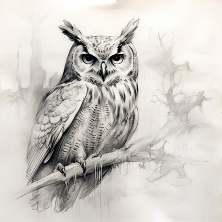 a captivating owl pencil sketch, showcasing the bird's piercing gaze through rough, expressive scribbles. the rough pencil technique captures the feathered texture and haunting beauty of this nocturnal creature. ai generatedの素材