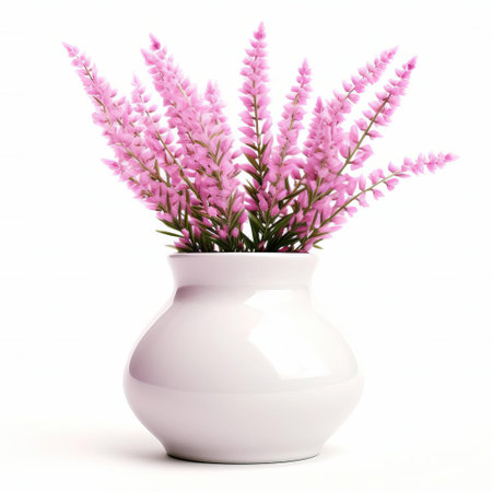 stunningly realistic photograph of a majestic heather flower, meticulously arranged in a sleek, contemporary matte ceramic vase. capture the exquisite details of this botanical beauty in pristine, high-resolution quality, isolated against a pristine white background. ai generatedの素材