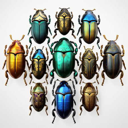 stunningly realistic 3d renderings of scarab beetles against a transparent background, showcasing their vibrant colors and intricate patterns in meticulous detail. ai generatedの素材