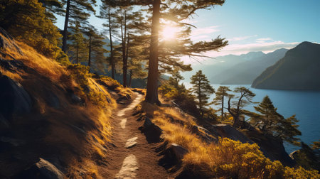 explore a breathtakingly beautiful hiking trail bathed in vibrant hues of yellow, blue, pink, and black. witness the interplay of strong shadows and golden light, capturing the essence of poetcore aesthetics in every frame. this award-winning illustration boasts high quality and intricate details, reminiscent of the works of renowned photographers ansel adams and andrew tischler. ai generatedの素材