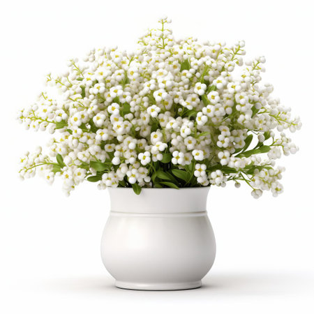 stunningly realistic photograph of a sweet alyssum flower nestled in a sleek, matte ceramic vase. this high-resolution image captures the intricate details of the flower's petals and the elegant curves of the vase, set against a pristine white background for impactful visual clarity. ai generatedの素材