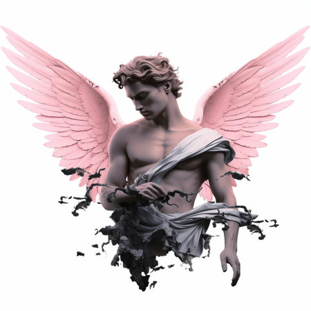 a majestic apollo figure adorned with pale pink and black wings spreads its ethereal wings against a pristine white backdrop, capturing the essence of celestial beauty. ai generatedの素材