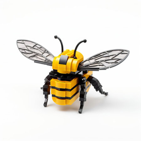 a vibrant, colorful flying bee crafted entirely from lego bricks, showcasing a playful and whimsical toy-like design against a pristine white background. ai generatedの素材
