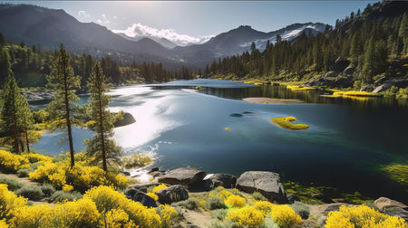 explore a breathtaking trail alongside a mesmerizing crescent-shaped lake, bathed in a vibrant palette of yellow, blue, pink, and black. witness the interplay of strong shadows and golden light, creating a poetic and award-winning scene captured with high quality and meticulous attention to detail. inspired by the aesthetics of ansel adams and andrew tischler, this illustration captures the beauty of the natural world in aの素材