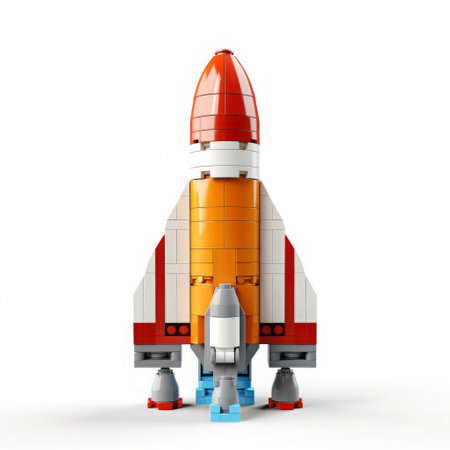 a vibrant rocket crafted meticulously from lego bricks stands proudly on a pristine white background, showcasing its playful and intricate design in a charming toy style. ai generatedの素材