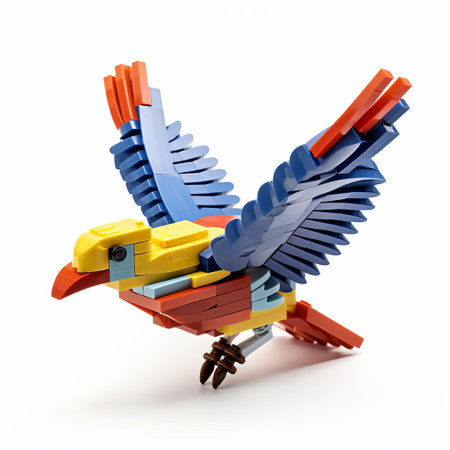 a vibrant bird crafted from lego bricks soars gracefully against a pristine white background, showcasing its playful and intricate construction in a charming toy style. ai generatedの素材
