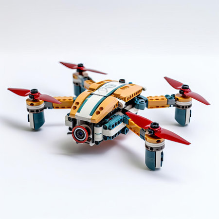 a playful toy drone crafted from colorful lego bricks stands proudly in the center of the frame. its minimalist, toy-like design is highlighted against the pristine white background. ai generatedの素材
