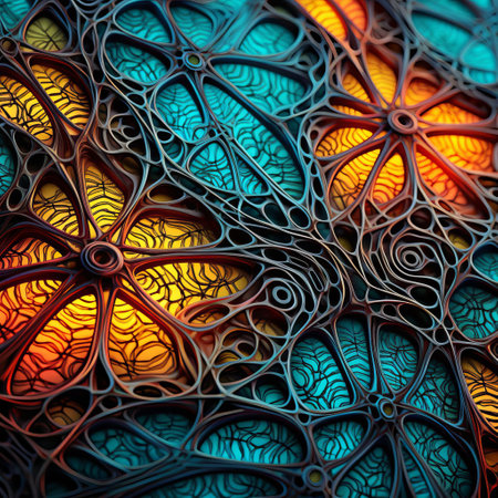 immerse yourself in the intricate beauty of an artificial neural networks background. inspired by the elegance of biomimicry, this design features delicate lace patterns in vibrant contrasting colors, capturing the complexity and interconnectedness of neural networks. ai generatedの素材