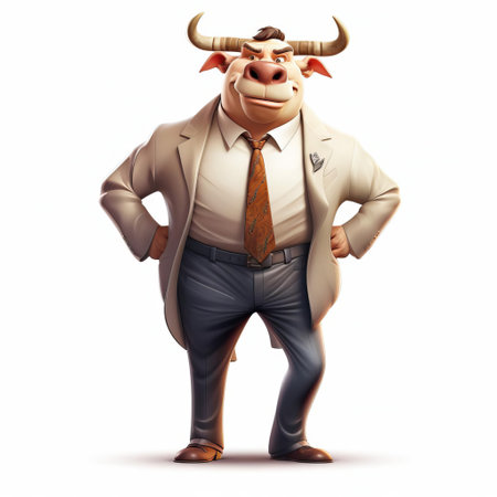 a cheerful, cartoonish bull in a crisp suit stands confidently against a pristine white background. this hyperrealistic artwork captures the playful personality of this unique character in vibrant detail. ai generatedの素材