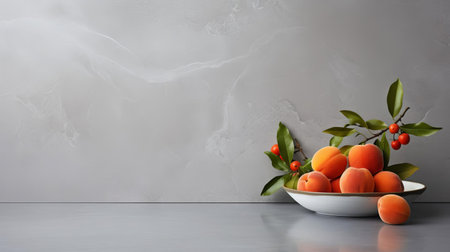 a meticulously arranged persimmon fruit forms a minimalist composition, adorned with subtle variations of light gray and navy hues against a sleek polished concrete background. ai generatedの素材