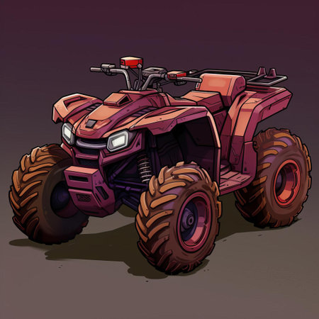 a menacing maroon atv speeds through a desolate landscape, reminiscent of call of duty's gritty visuals. detailed 3d cgi art captures the gritty power of this off-road beast against a solid maroon background. ai generatedの素材
