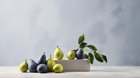 a majestic pawpaw fruit takes center stage, meticulously arranged in a minimalist composition. soft hues of light gray and navy dance across its surface, creating a striking contrast against the polished concrete backdrop. ai generatedの素材