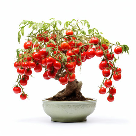 a vibrant tomato bonsai stands alone, bathed in pure white light on a pristine background. this stunning photo captures the intricate details of this miniature plant in all its glory. ai generatedの素材