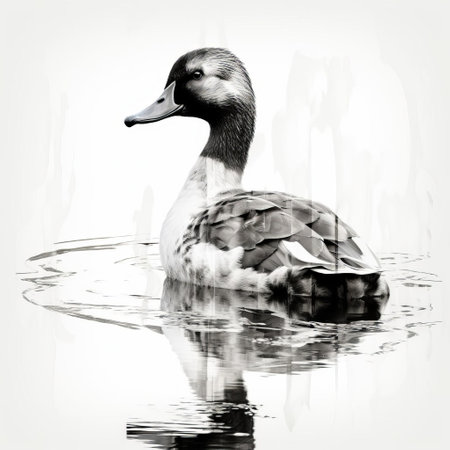 a graceful duck floats effortlessly in a timeless black and white photograph, rendered in the minimalist style with bold saturation. this innovative image captures lifelike accuracy, utilizing framing and abstract minimalism to create a hyper-realistic atmosphere enhanced by subtle rim light. ai generatedの素材