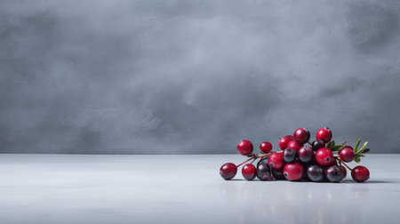 vibrant lingonberries are artfully arranged in a minimalist composition, featuring harmonious blends of light gray and navy hues against a sleek polished concrete background. ai generatedの素材