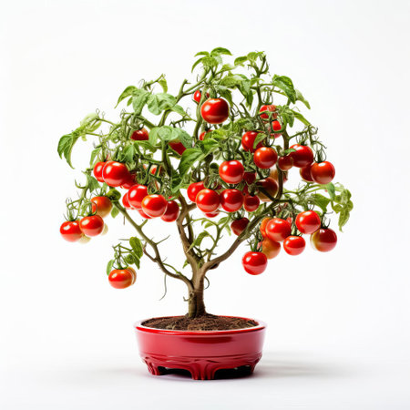 a vibrant tomato bonsai stands alone, bathed in pure white light on a pristine background. this captivating photo captures the unique beauty of this miniature plant in its entirety. ai generatedの素材