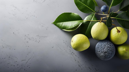 a captivating arrangement of breadfruit slices showcases a harmonious blend of light gray and navy hues against a pristine concrete backdrop, creating a minimalist masterpiece. ai generatedの素材