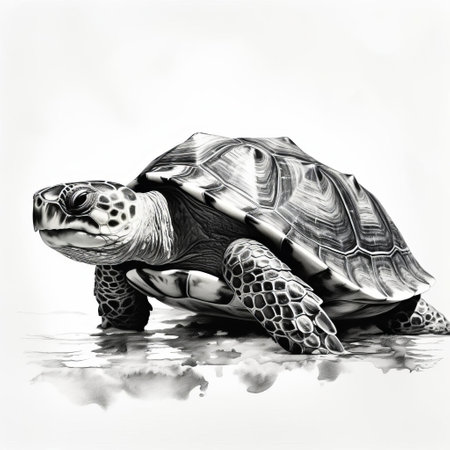 a graceful turtle emerges from the shadows, its sleek shell rendered in bold black and white minimalist strokes. this photo celebrates lifelike accuracy with abstract minimalism, capturing the essence of a realistic encounter in hyper-realistic detail. ai generatedの素材