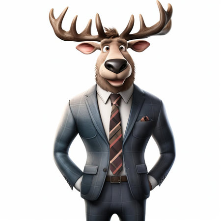 a cheerful, cartoon caribou in a pristine white suit poses confidently in front of a solid white background. this hyperrealistic artwork captures the playful spirit of this beloved creature in a unique and whimsical style. ai generatedの素材
