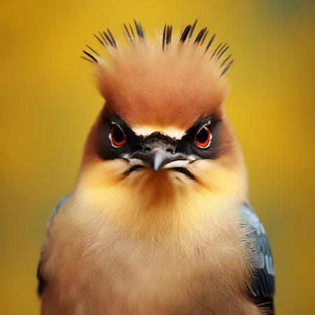 vibrantly colored cedar waxwing perched close-up, its face highlighted in a captivating photograph that blurs the lines between reality and artistic expression. ai generatedの素材