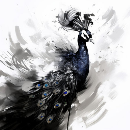 a mesmerizing peacock stands in stark black and white, its vibrant plumage rendered in bold, minimalist strokes. this photo celebrates the beauty of abstract minimalism, capturing lifelike details in hyper-realistic detail with subtle rim light. ai generatedの素材