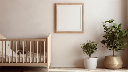 a stylish nursery design mock up featuring a photo frame leaning against a serene, neutral wall, adorned with vibrant plants and bathed in soft, even lighting. ai generatedの素材
