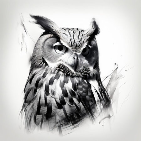a majestic owl stands poised in stark black and white, rendered in minimalist strokes for a bold and innovative aesthetic. this photo captures the owl's lifelike details with hyper-realistic accuracy, while the abstract minimalist framing creates a captivating visual balance. the interplay of light and shadow, particularly the subtle rim light, adds depth and atmosphere to this captivating photograph. ai generatedの素材