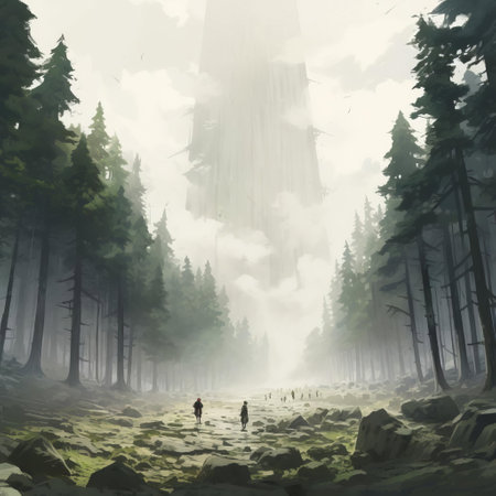 people appear dwarfed by the vastness of the landscape in this captivating photograph by xenixx and krenz cushart. captured on a plein air plateau, the monumental vistas are highlighted by towering coniferous trees, creating an ethereal sense of scale. the low depth of field adds a touch of drama, while dusty piles and romaine brooks add pops of color to this breathtaking composition. ai generatedの素材