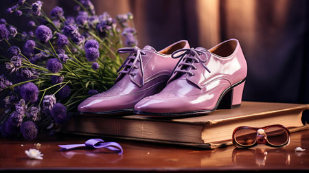 a stylish lavender shoe rests gracefully on a table in the study, bathed in soft natural light. the vibrant lavender hue pops against a minimalist lavender background, creating a harmonious and elegant composition. ai generatedの素材