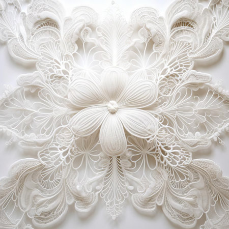graceful lace patterns dance gracefully on a pristine white background, exuding a sense of calm and tranquility in these meticulously crafted realism photographs. ai generatedの素材