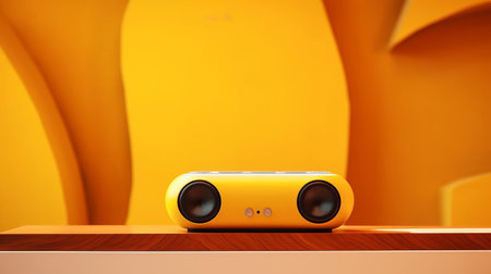 a vibrant yellow speaker rests gracefully on a study table, bathed in natural light. its sleek, elongated design complements the minimalist study decor. the photograph captures the warm, inviting glow of the speaker against a pale yellow background. ai generatedの素材