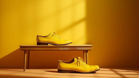 a vibrant yellow shoe rests casually on a study table, its unique design contrasting with the minimalist yellow background. natural light bathes the scene, highlighting the shoe's intricate details and vibrant hue. ai generatedの素材