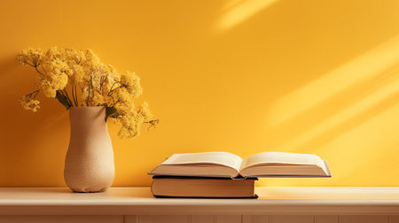 a vibrant yellow book rests gracefully on a study table, its elegant design showcased against a pristine yellow background. natural light bathes the scene, highlighting the book's captivating cover and minimalist style. ai generatedの素材