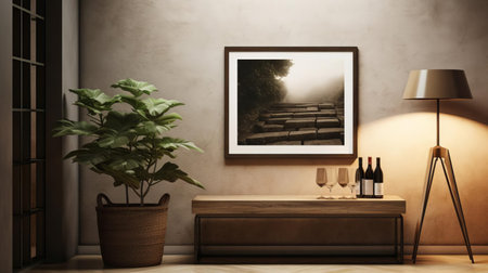 a stylish wine cellar design mock up featuring a framed photo propped against a serene, neutral wall, adorned with vibrant plants and bathed in balanced lighting. ai generatedの素材