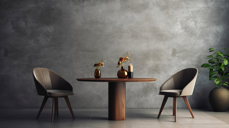 a minimalist table takes center stage in this close-up photo, where it's adorned by a collection of accent chairs arranged in a captivating composition. ai generatedの素材