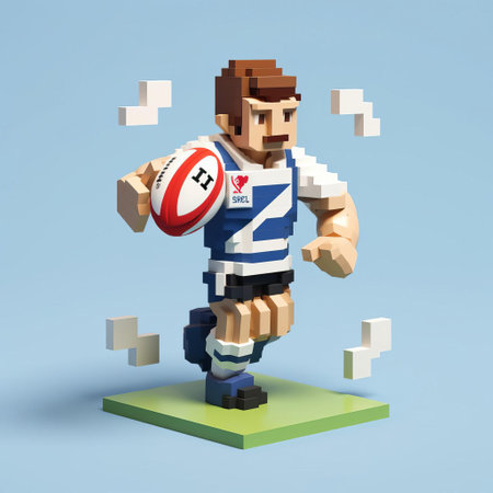 a vibrant 3d cartoon of z in full rugby gear, rendered in 8-bit pixel art, featuring bold outlines and primary colors against a pristine white background. ai generatedの素材