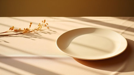 a pristine cream-colored plate rests gracefully on a table in the study, its elegant design contrasting with a contrasting plate of a different style. the photograph features a natural light ambiance, capturing the soft cream tones and intricate details of the plate against a creamy background. ai generatedの素材