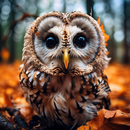 vibrantly colored and captivating, this photo features a majestic barred owl with a close-up face, showcasing its piercing gaze and intricate plumage in a surreal photographic style. ai generatedの素材