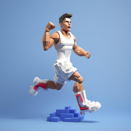 a vibrant 3d cartoon character in 8-bit pixel art style, showcasing the dynamic athleticism of a character with bold outlines and vivid colors against a pristine white background. ai generatedの素材
