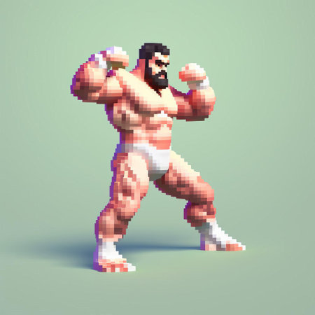 vibrant 3d cartoon of a character named b in an action-packed wrestling pose, showcasing their muscular physique and determined expression. the artwork features bold 8-bit pixel art style with a white background, emphasizing the character's dynamic movements. ai generatedの素材