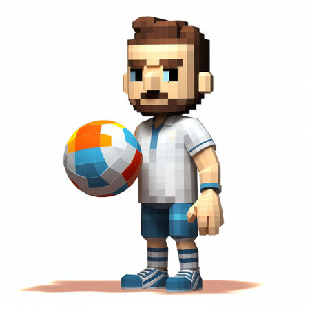 a vibrant 3d cartoon of a single figure in full body pose, showcasing their prowess as they dominate a volleyball game. the pixel art style features bold outlines and vivid colors, set against a pristine white background for maximum impact. ai generatedの素材