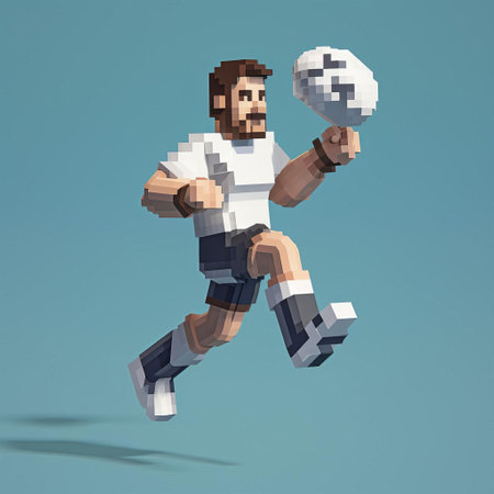a vibrant 3d cartoon of e, rendered in 8-bit pixel art, showcases the iconic character in a full-body pose, holding a football. the artwork features a bold white background, highlighting the colorful details of e's attire and the football. ai generatedの素材