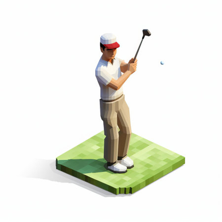 a vibrant 3d cartoon featuring a playful character in a pixel art style, showcasing their full body in a golfing pose against a pristine white background. ai generatedの素材