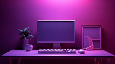 a vibrant purple computer rests confidently on a table in a stylish study, bathed in natural light. the young computer design exudes a contemporary vibe against a minimalist purple background. ai generatedの素材