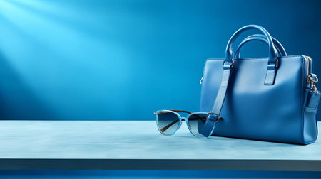 a vibrant blue bag rests calmly on a study table, its youthful design evident in its sleek lines and contemporary silhouette. the bag's bold blue hue pops against the pristine backdrop of a natural light-filled study, creating a captivating visual balance. ai generatedの素材
