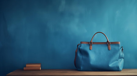 a vibrant blue bag rests gracefully on a study table, its youthful design evident in its sleek lines and contemporary silhouette. the photo captures the bag's bold blue hue against a pristine background, bathed in soft natural light. the high-resolution image showcases the bag's elegant lines and youthful style in stunning detail. ai generatedの素材